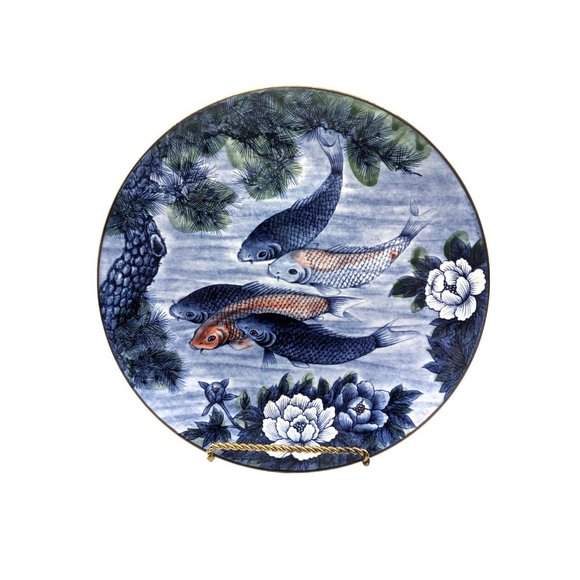 Vintage Japanese Sun Ceramics Blue White Koi Fish Porcelain Plate 12.5" Diameter - Picture 1 of 12